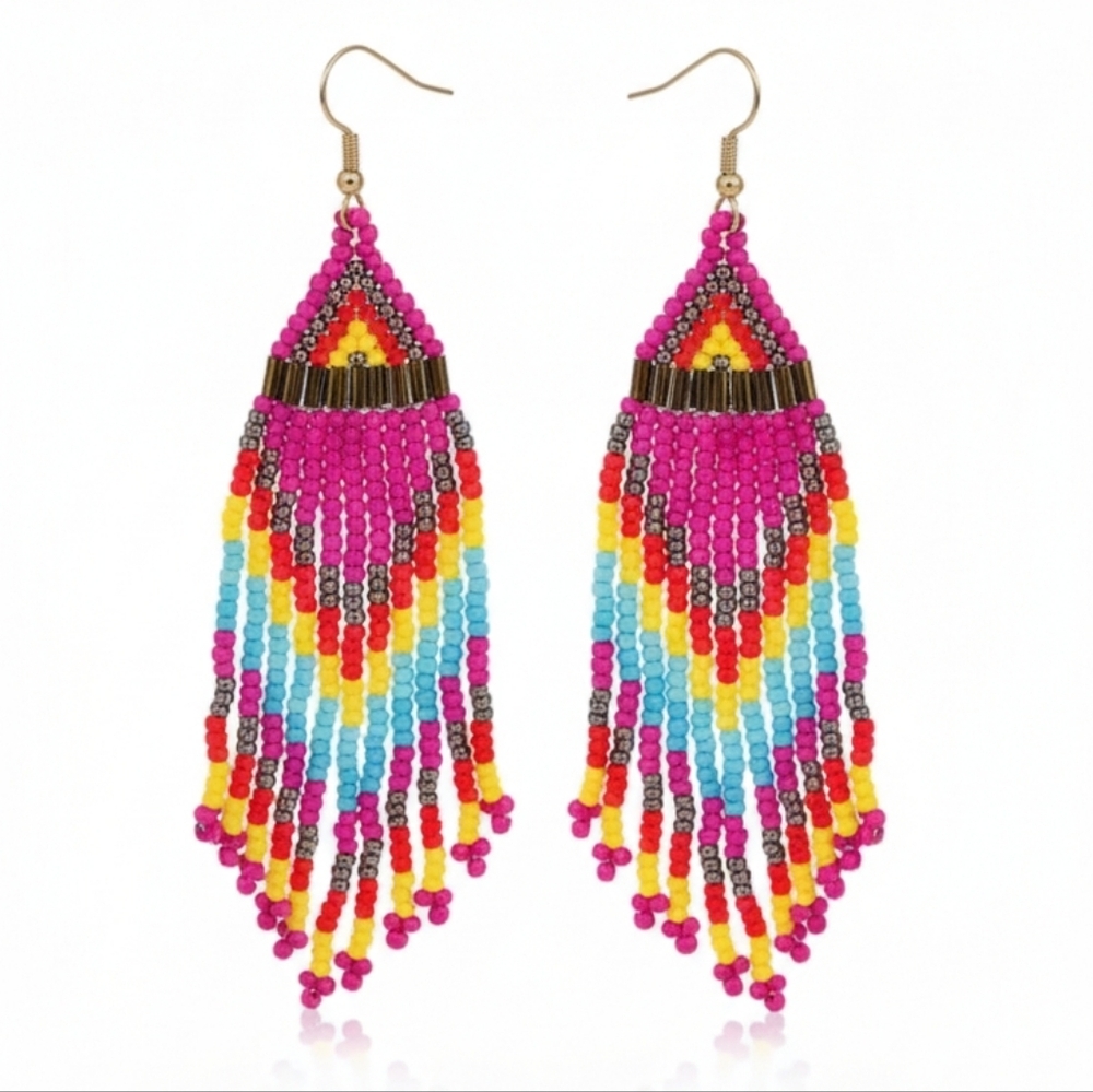 🆕️ Artisan Handmade Colorful Pink Beaded Dangle Earrings Traditional Tribe